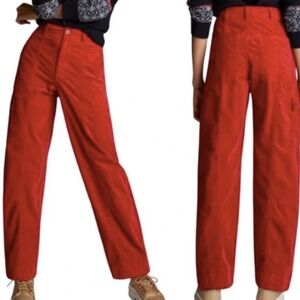 Anthropologie Barrel Leg Red Soft Corduroy  Pant. Festive and vintage feel